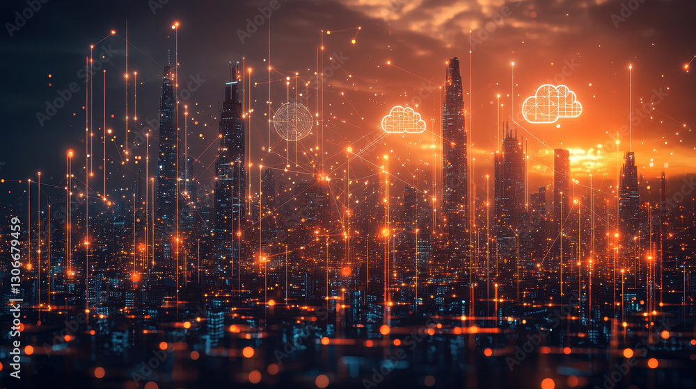 Fototapeta premium futuristic cityscape at sunset with digital data streams and cloud icons representing technology and connectivity. glowing orange lights create dynamic and innovative atmosphere