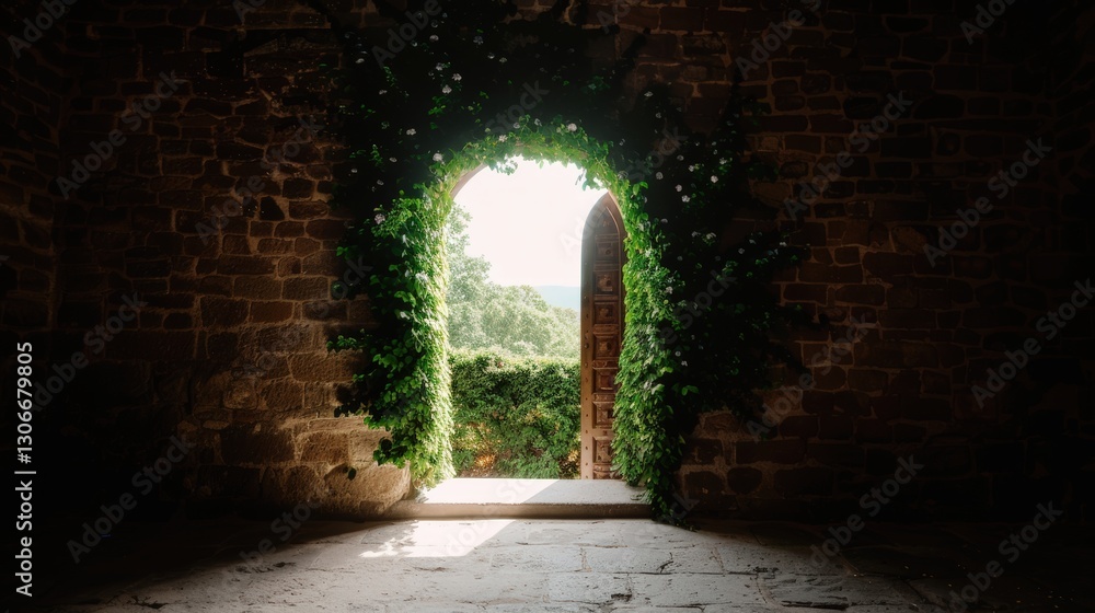 Obraz premium Sunlit doorway framed by lush vines