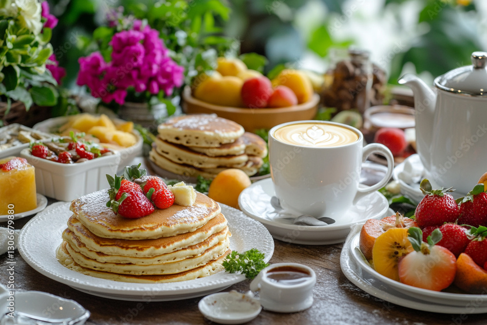 A cozy brunch setting with a variety of dishes, including pancakes, fruit, and coffee A cozy brunch setting with a variety of dishes, including pancakes, fruit, and coffee