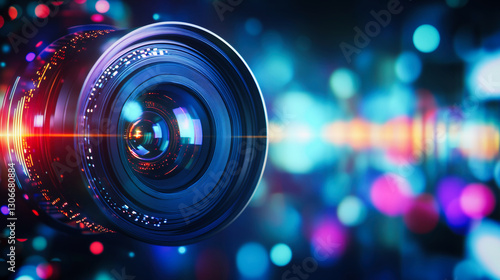 A vibrant, abstract front view close-up of a camera lens, a dynamic interplay of colors and reflections. Concept of high technology, television or film production, video shooting, movie industry photo