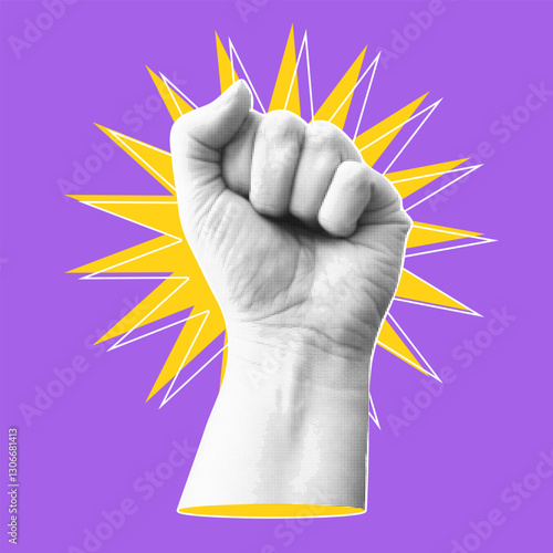 Trendy halftone collage banner with clenched fist raised to the sky. Demonstration of protest. Fight for your rights. Modern retro style. Vector illustration.