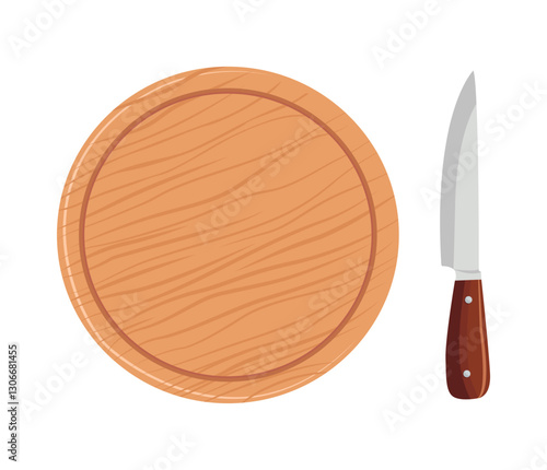 Round wooden chopping board with knife Vector illustration of kitchen utensils Isolated on white background