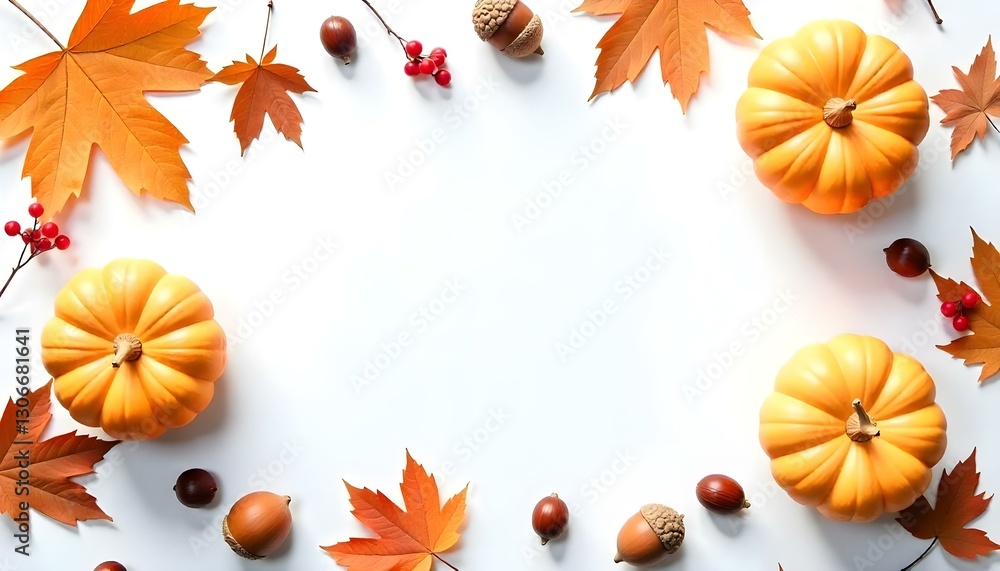 Flat lay photography of autumn elements on a white background, including two small orange pumpkins Flat lay photography of autumn elements on a white background, including two small orange pumpkins