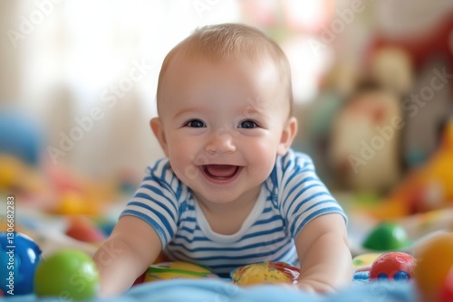 Happy baby playing with colorful toys on a soft mat during a bright morning indoors Generative AI