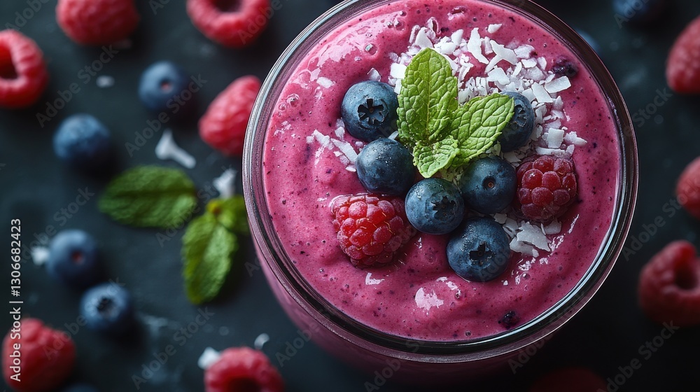 a vibrant berry smoothie served in a clear glass jar topped with fresh raspberries blueberries shredded coconut and a sprig of mint a vibrant berry smoothie served in a clear glass jar topped with fresh raspberries blueberries shredded coconut and a sprig of mint