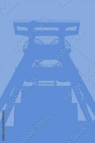 Coal mine headframe silhouette blue poster design. Industrial mining complex outline.