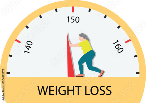 illustration of a woman losing weight, standing scale on a bathroom scale vector