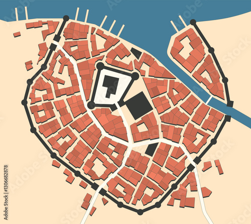 Medieval city imaginary vector map. Old style fantasy setting map for novels or role playing games.