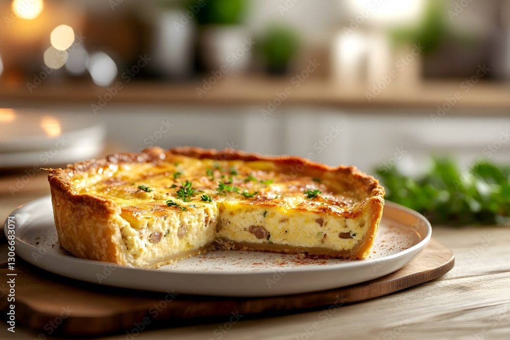 Close-up of Sliced Quiche Lorraine with Golden Crust and Creamy Filling in Kitchen Close-up of Sliced Quiche Lorraine with Golden Crust and Creamy Filling in Kitchen