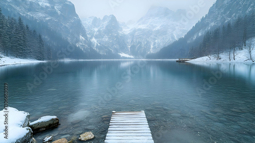 Fototapeta Naklejka Na Ścianę i Meble -  Snowy Mountain Lake With Wooden Pier In Winter