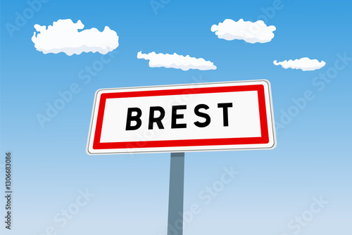 Brest city sign in France. City limit welcome road sign.