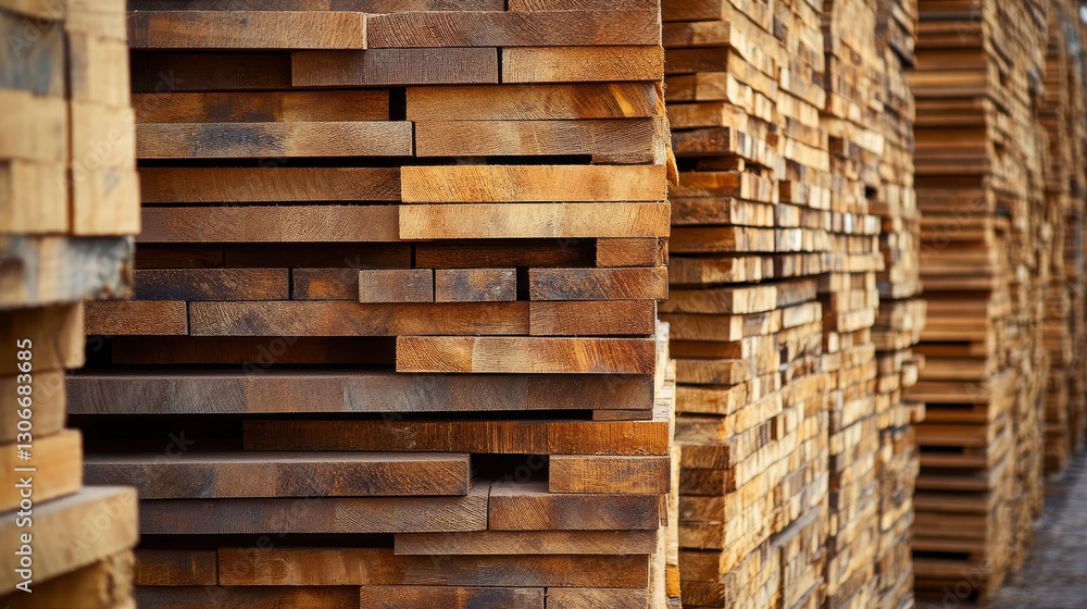 A stack of wooden planks neatly arranged for industrial use. A stack of wooden planks neatly arranged for industrial use.