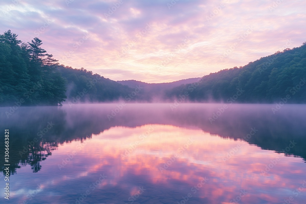 Fototapeta premium Serene sunrise reflection on misty lake