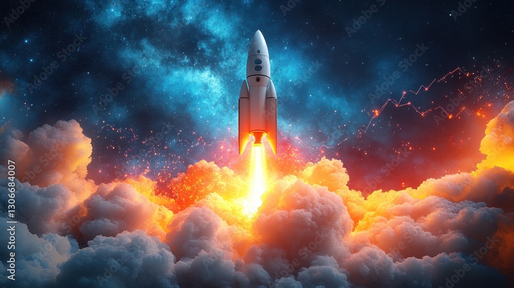 a vibrant illustration of a rocket soaring through clouds surrounded by abstract shapes and a graph symbolizing growth and innovation perfect for themes of creativity and success a vibrant illustration of a rocket soaring through clouds surrounded by abstract shapes and a graph symbolizing growth and innovation perfect for themes of creativity and success