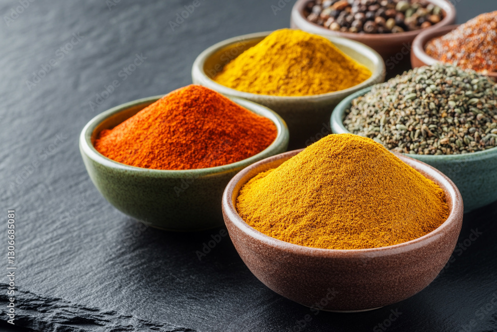 Colorful bowls of spices from India and Asia on a black slate background Colorful bowls of spices from India and Asia on a black slate background