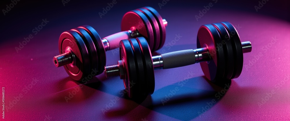 High fidelity dumbbells in neon light setting for fitness and gym motivation with copy space High fidelity dumbbells in neon light setting for fitness and gym motivation with copy space