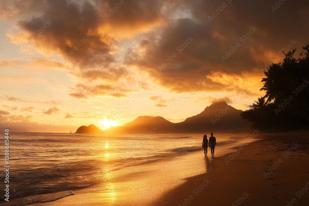 A picturesque scene of two individuals strolling hand in hand along a sandy beach during sunset, creating a romantic and serene atmosphere filled with warm colors. A picturesque scene of two individuals strolling hand in hand along a sandy beach during sunset, creating a romantic and serene atmosphere filled with warm colors.