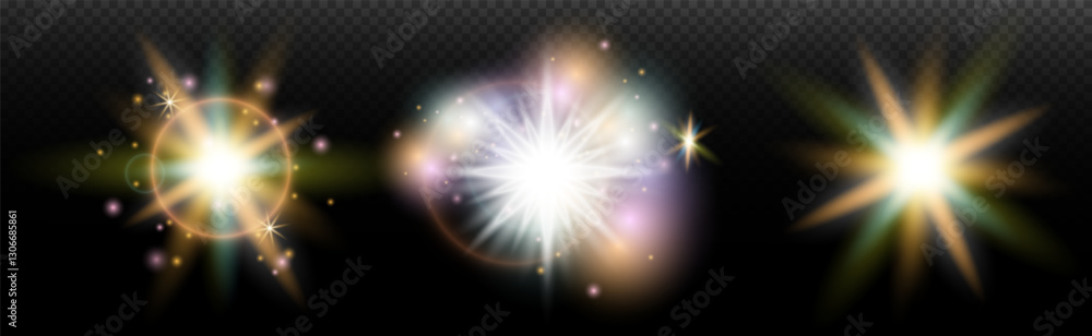 Set of flash light effect with glare and glow on a transparent background. Magic, rainbow glow, shining light, stars, optical flares for design, photomontage, New Year and holiday projects. Set of flash light effect with glare and glow on a transparent background. Magic, rainbow glow, shining light, stars, optical flares for design, photomontage, New Year and holiday projects.