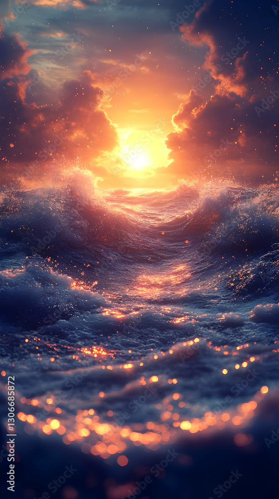 Fototapeta premium Dramatic Sunset Over Sparkling Ocean Waves