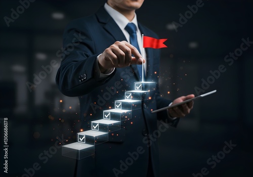 Corporate success visualized through steps of completed objectives