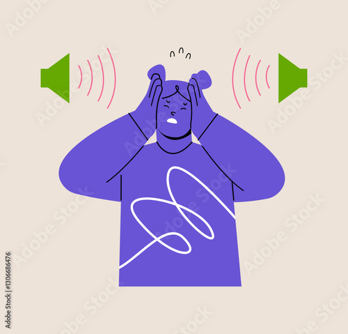 Woman covers his ears with his hands to avoid disturbance of sound. Colorful vector illustration