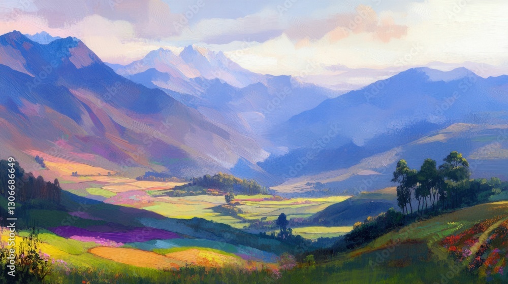 Fototapeta premium Scenic andean landscapes with verdant terraced fields and majestic mountains