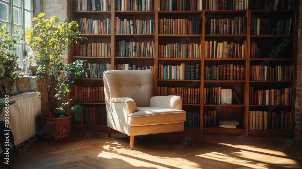 Fototapeta premium Cozy vintage reading room with armchair and bookshelf for relaxation and inspiration