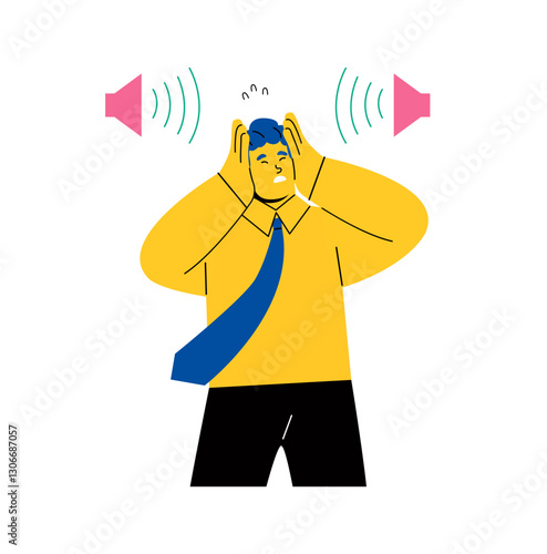 Business man covers his ears with his hands to avoid disturbance of sound. Flat vector illustration isolated on white background