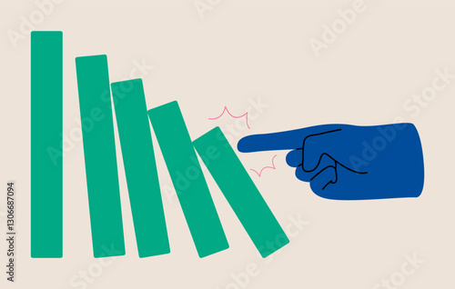 Hand pushing dominoes. Colorful vector illustration