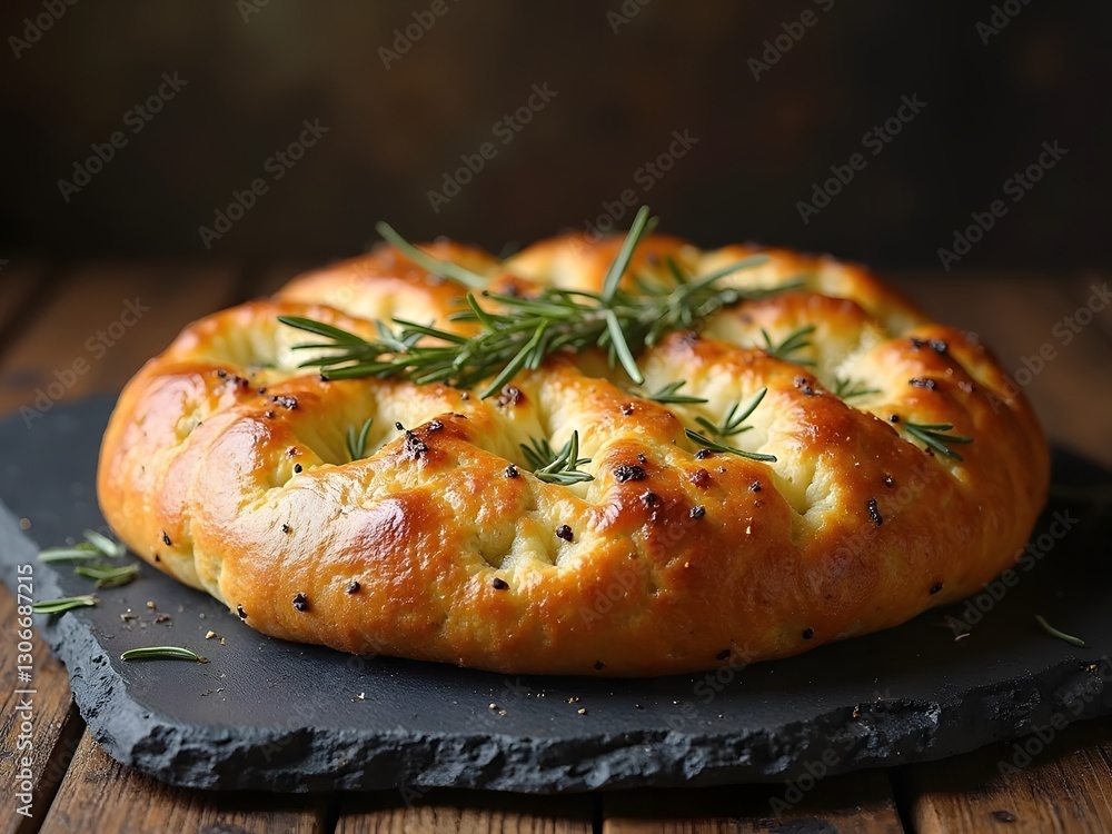 Focaccia on a Slate Board, its surface lightly glistening with olive oil. The deep, moody background enhances the rich texture and rustic elegance. Focaccia on a Slate Board, its surface lightly glistening with olive oil. The deep, moody background enhances the rich texture and rustic elegance.