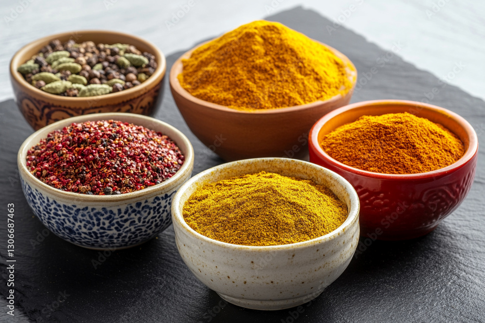 Colorful bowls of spices from India and Asia on a black slate background Colorful bowls of spices from India and Asia on a black slate background