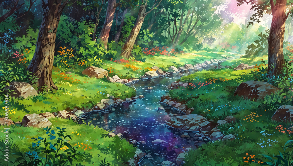 Obraz premium anime style background, forest with fireflies