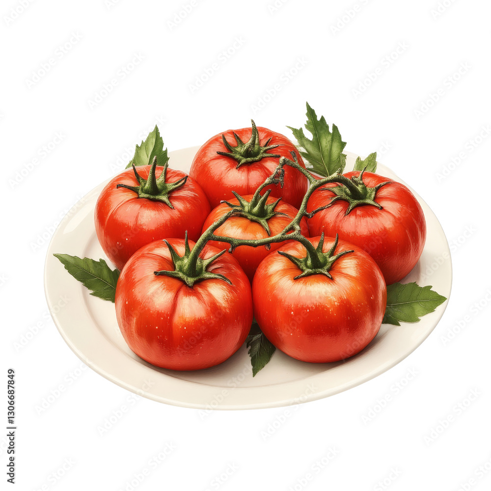 Ripe Red Tomatoes Growing on Vine Served on Plate Ripe Red Tomatoes Growing on Vine Served on Plate