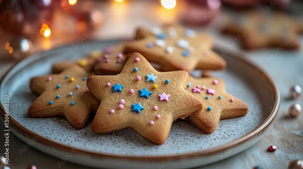 Close-up of Ferragosto-themed cookies shaped like stars and flags, placed on a festive plate, bright natural colors, inviting and celebratory Close-up of Ferragosto-themed cookies shaped like stars and flags, placed on a festive plate, bright natural colors, inviting and celebratory