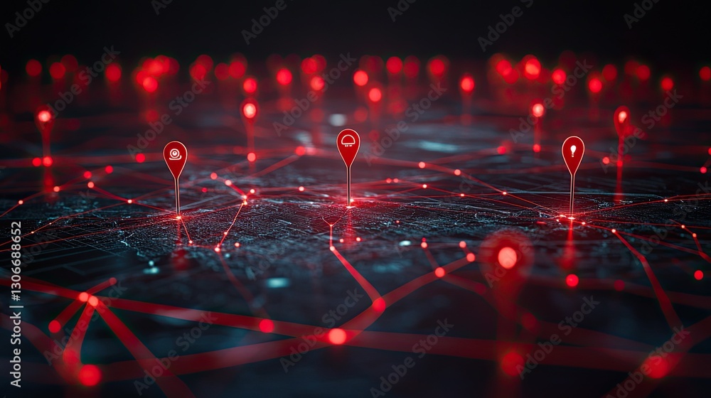 3D map with red location pins and network lines illustrating GIS mapping, spatial data, geographic information systems, location analysis, and digital mapping technology in geospatial data. 3D map with red location pins and network lines illustrating GIS mapping, spatial data, geographic information systems, location analysis, and digital mapping technology in geospatial data.
