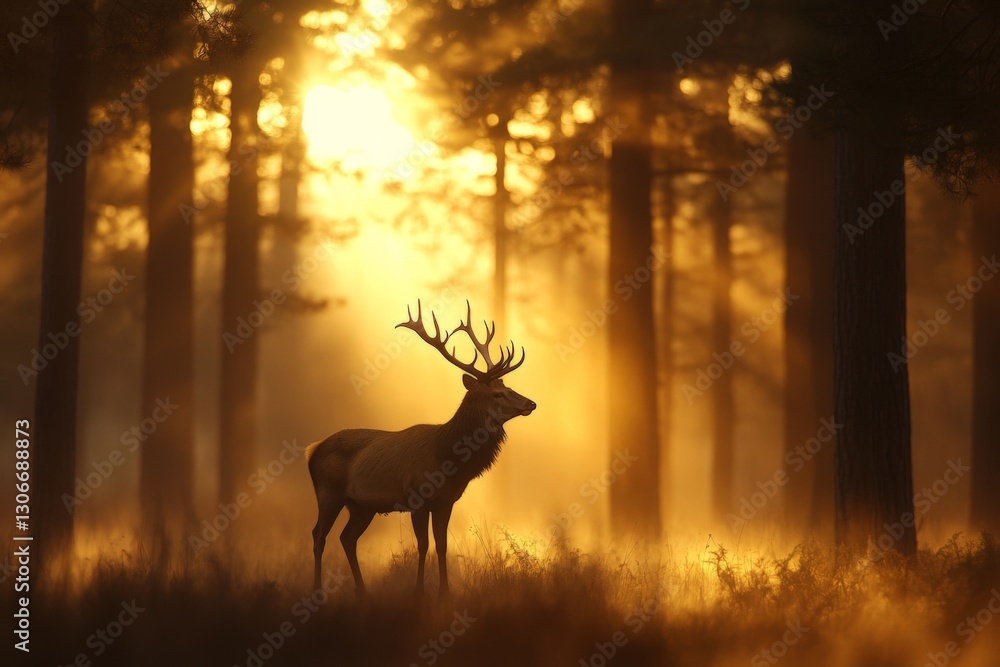 Obraz premium A magnificent stag stands proudly against the backdrop of a sunlit forest, showcasing its impressive antlers while emitting a sense of strength and grandeur.