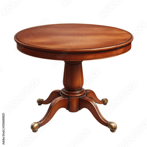 Round Dark Brown Wooden Pedestal Table with Brass Ball Feet