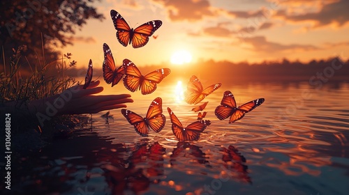  freedom concept human hands releasing group of butterflies over sunset  