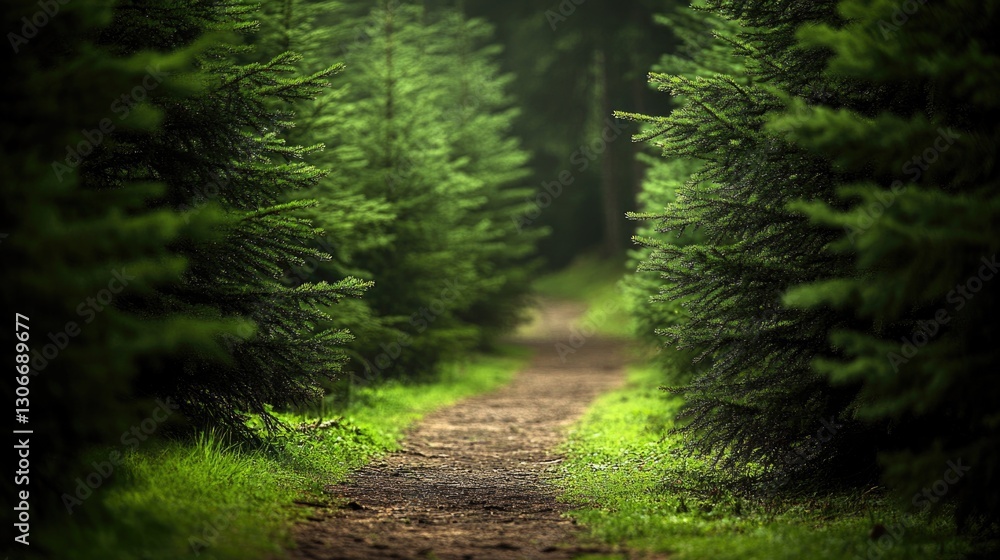 Obraz premium A winding forest path flanked by evergreen trees appears tranquil