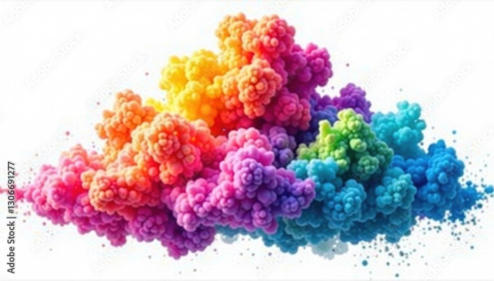 Fototapeta premium Swirling rainbow Holi paint cloud, isolated white panoramic backdrop , dust, cloud