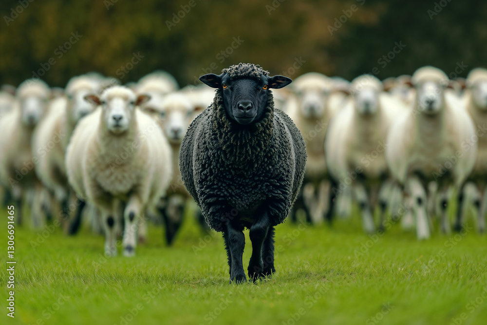 Fototapeta premium A black sheep leads a flock of white sheep. Business metaphor for individuality and leadership.