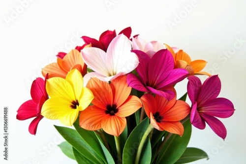 Vibrant bouquet, various blooms, white background, pastel, vibrant, close-up