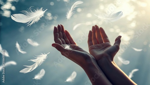 State of mind mental. A serene image depicting emotional release through hands letting go of floating feathers. Depth of human emotion.