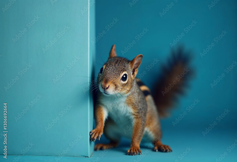 Surprised squirrel, sciurus, cautiously peeks around a corner, against a blue background, created with Generative AI technology. Copy space. Surprised squirrel, sciurus, cautiously peeks around a corner, against a blue background, created with Generative AI technology. Copy space.