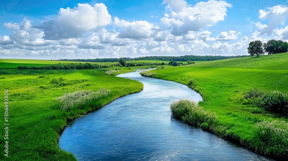 A winding river flows through the green grassy landscape A winding river flows through the green grassy landscape