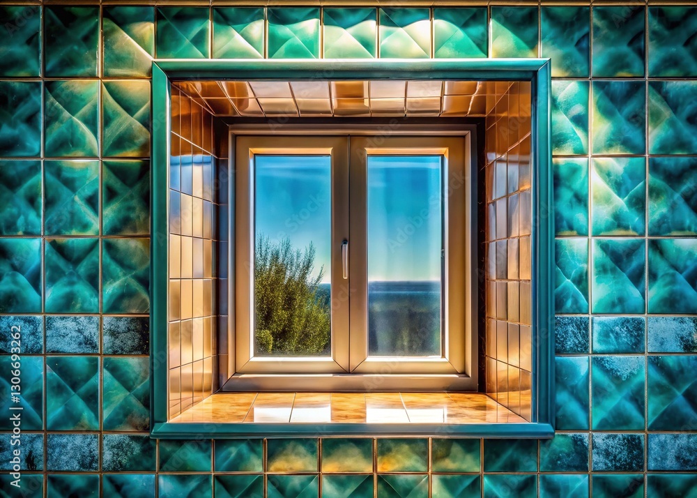 Obraz premium Angled Window Mirror Reflection - Ocean Teal Taupe Tiles - Minimalist Luxury