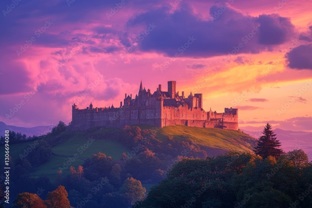 distant castle on a hilltop bathed in an amber sunset glow, nestled against a backdrop of cobalt skies distant castle on a hilltop bathed in an amber sunset glow, nestled against a backdrop of cobalt skies