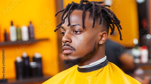 Young man with stylish dreadlocks haircut in a vibrant salon setting, focused and confident look
