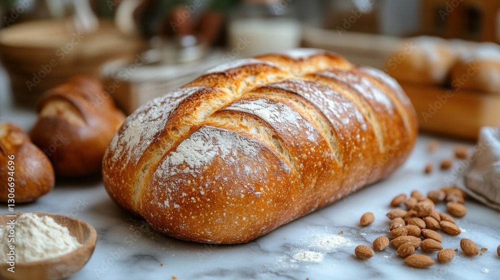 artisan baked loaf of bread on marble surface with flour artisan baked loaf of bread on marble surface with flour