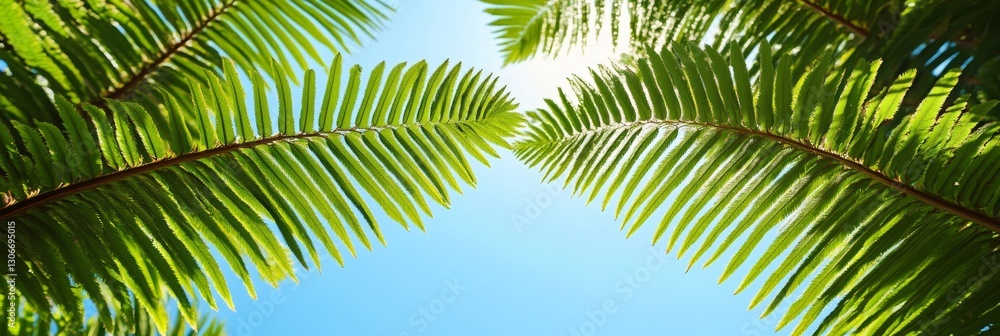 Fototapeta premium Tropical Paradise Lush Palm Fronds Frame a Vibrant Blue Sky, Creating a Serene Summer Background.